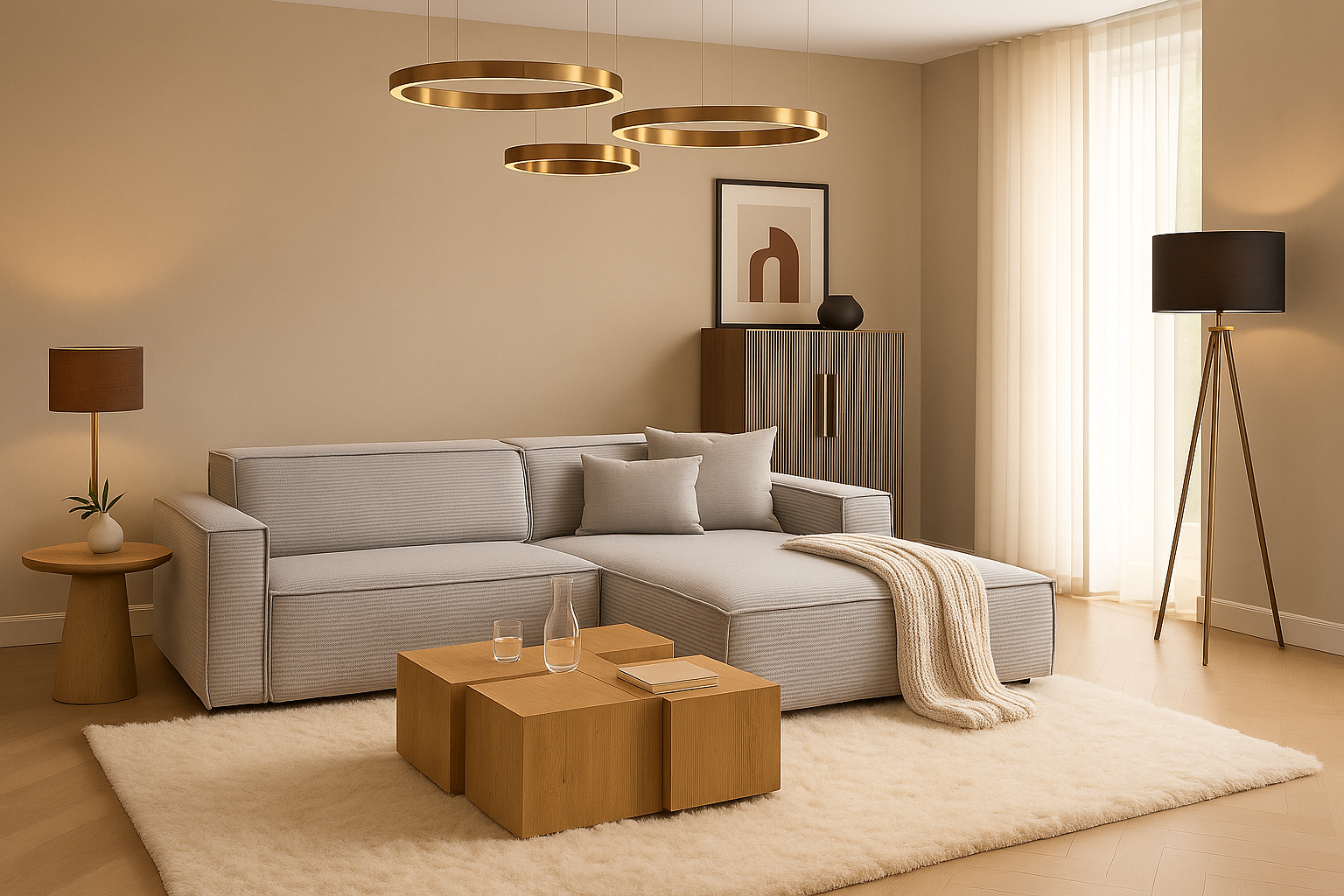 Sofa Midtown - Silver sectional sofa styled in a modern living room with warm tones, perfect for urban interiors and cozy lounging.