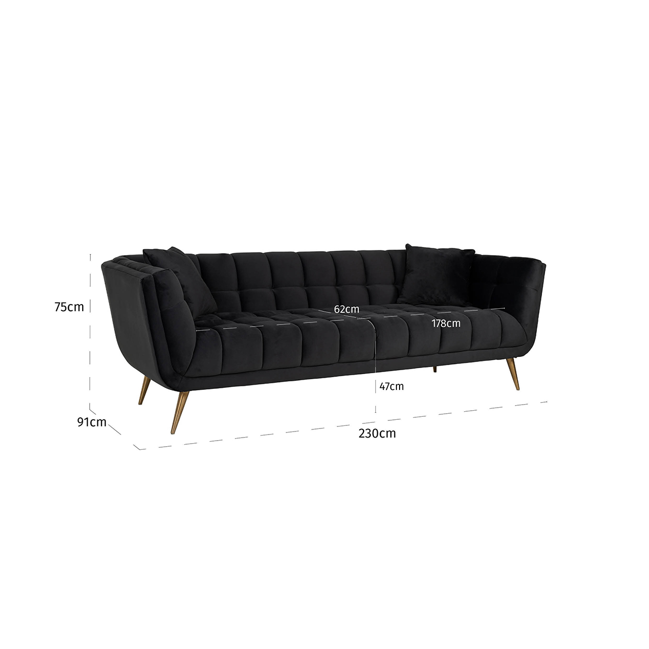 Sofa Huxley Antraciet velvet / Brushed gold (Quartz Antraciet 801) - 230x91cm